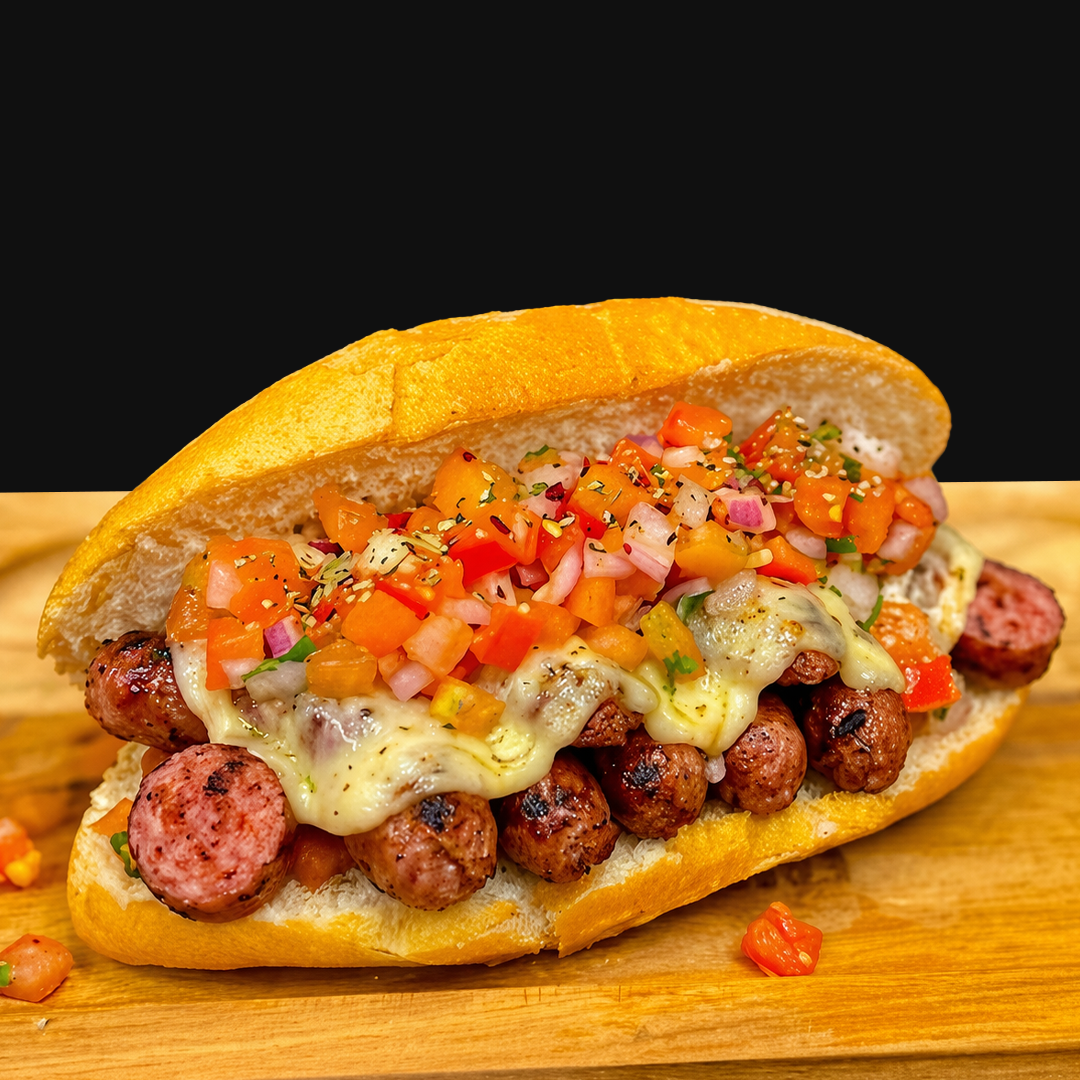 BAGUETE SEMI ITALIANA , MUSSARELA FATIADA , LINGUIÇA, E VINAGRETE